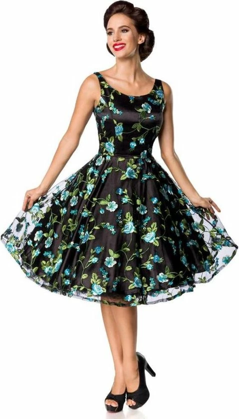 Belsira Swing Jurk -L- Vintage Flower Zwart/Blauw 1 Belsira Swing Jurk -L- Vintage Flower Zwart/Blauw